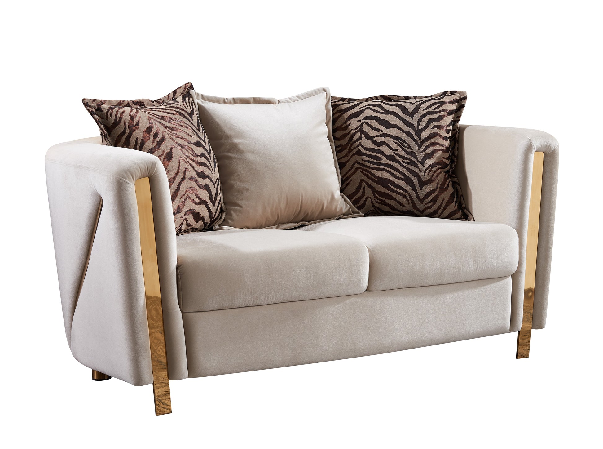 Light beige velvet loveseat with gold accents and animal print throw pillows