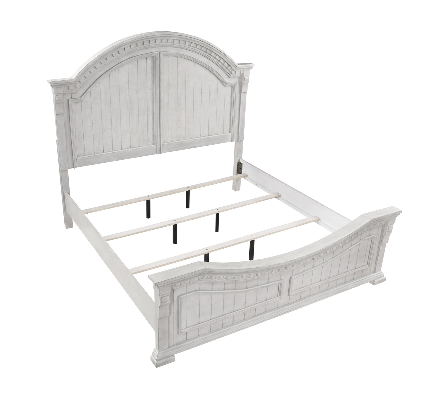 Distressed white king bed frame with arched paneled headboard
