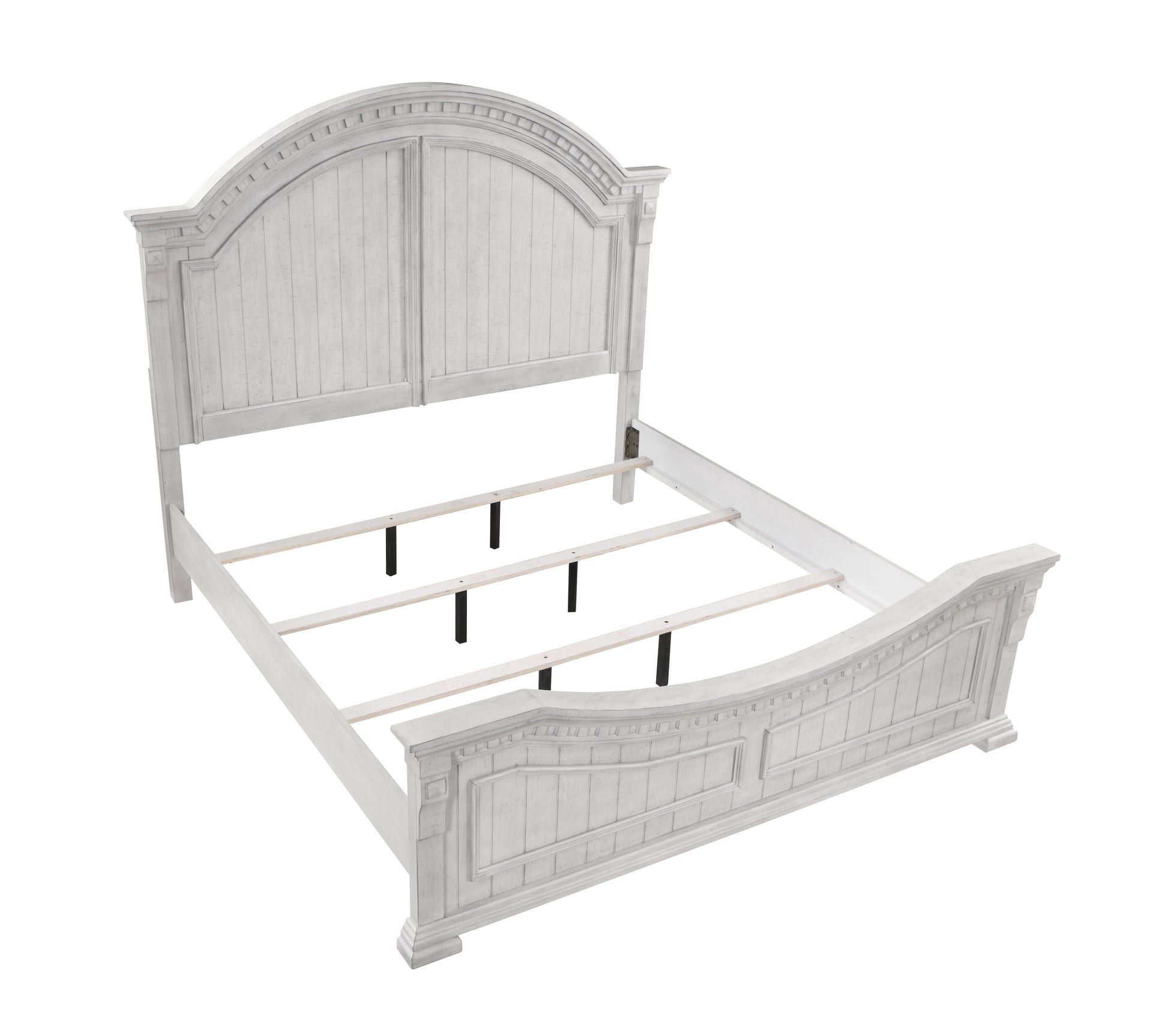 Distressed white king bed frame with arched paneled headboard