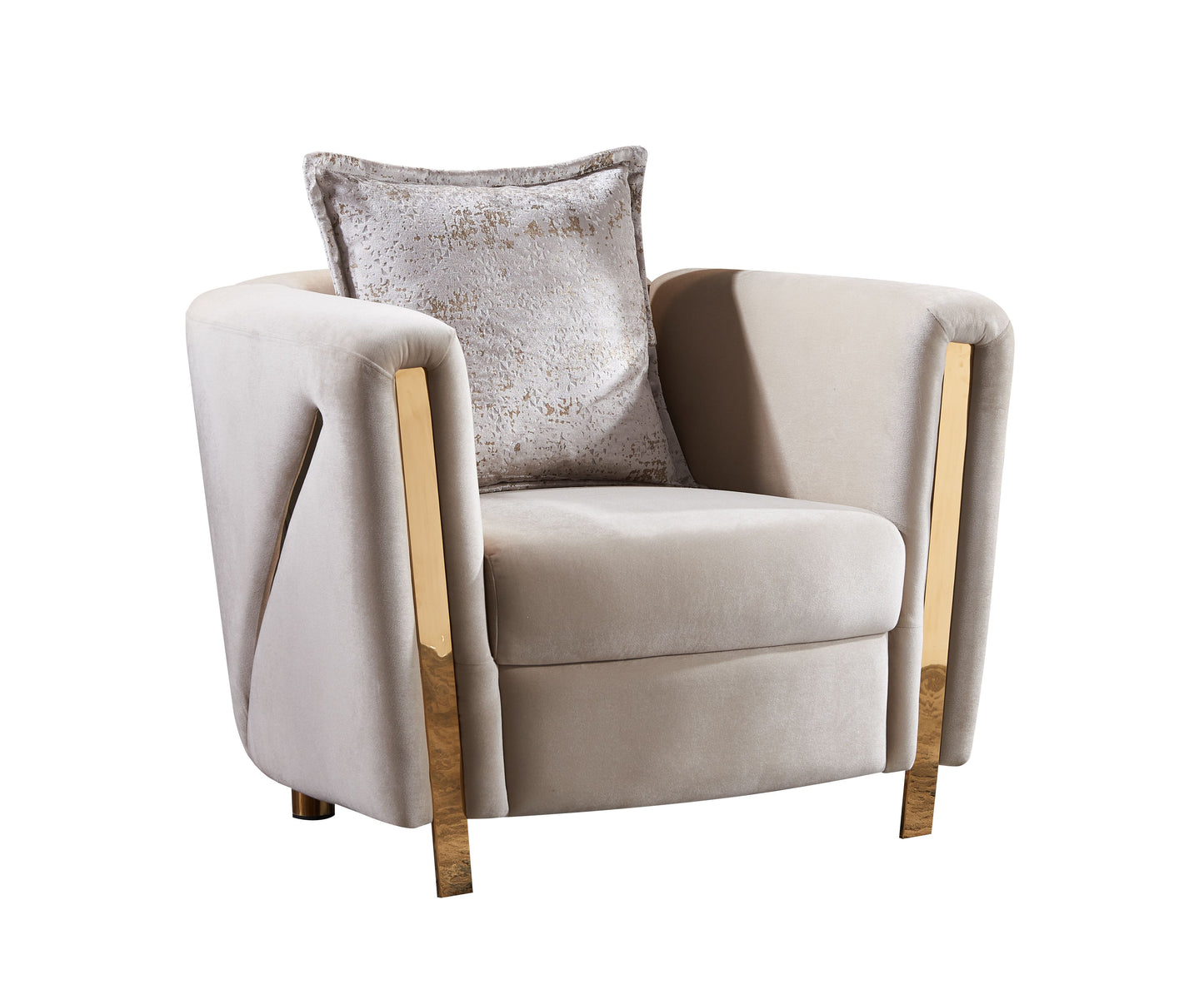 Plush cream velvet accent chair with gold metal trim and textured throw pillow
