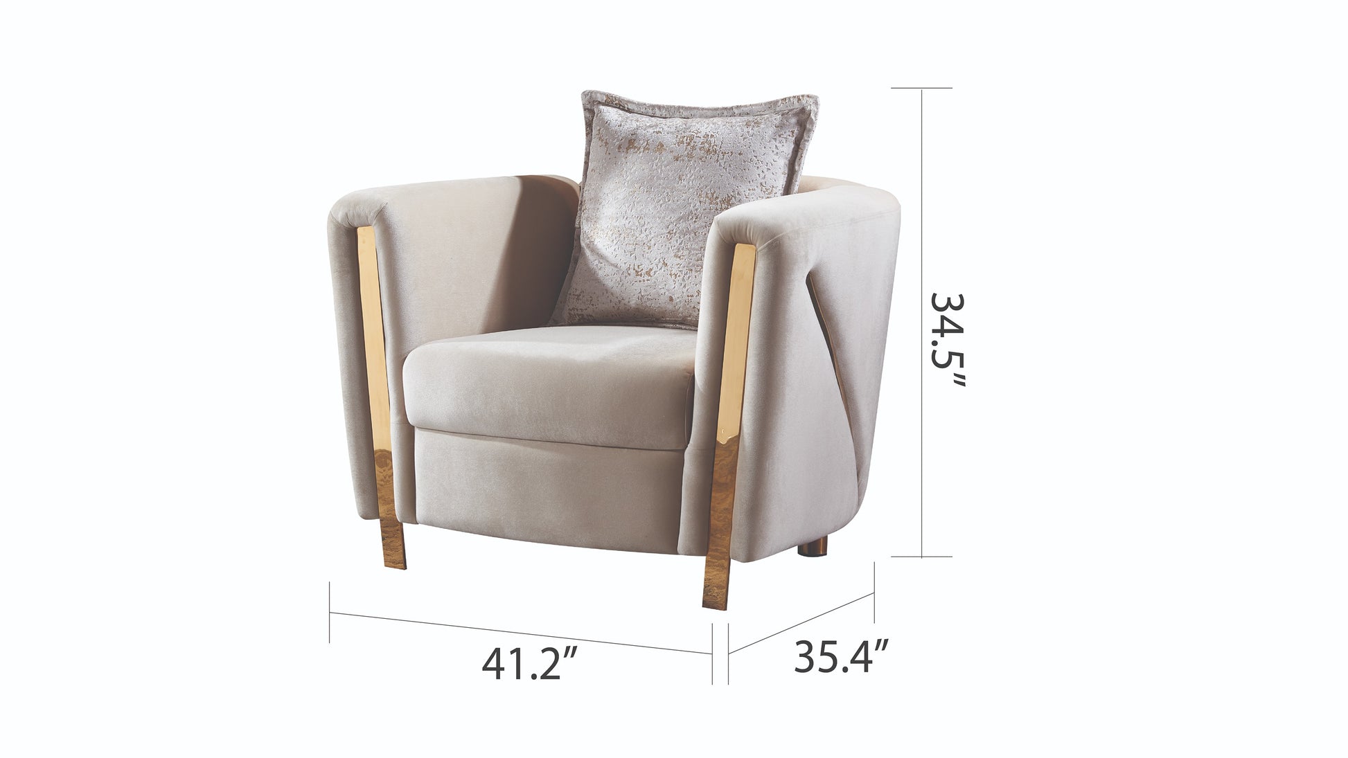 Modern beige velvet armchair with gold accents and decorative pillow