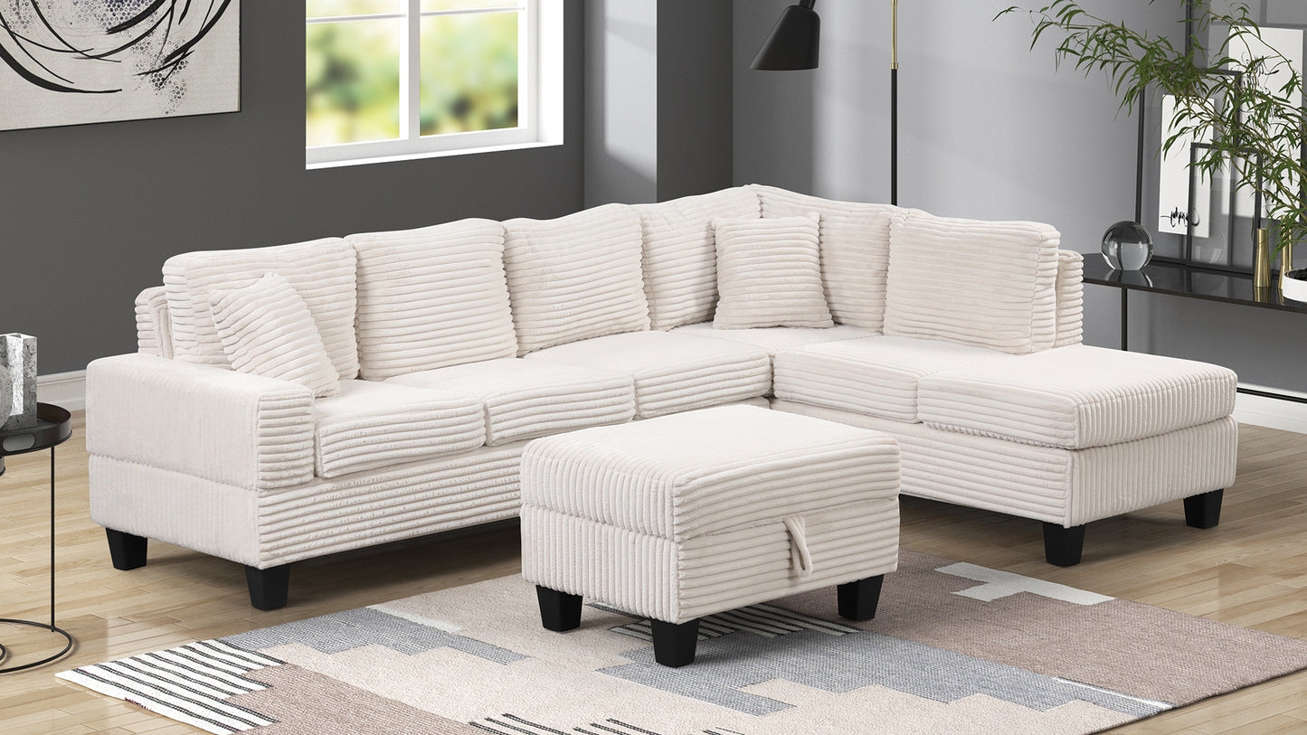 Cream corduroy sectional sofa with plush cushions and matching ottoman