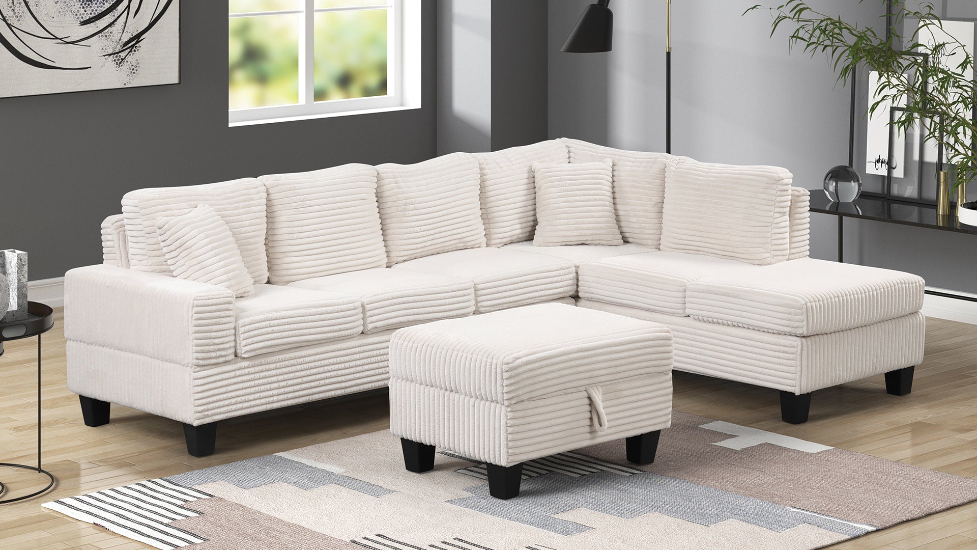 Cream corduroy sectional sofa with plush cushions and matching ottoman