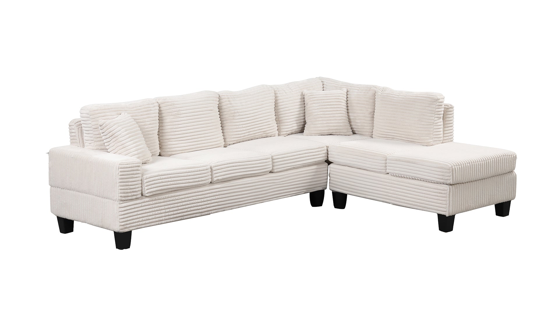 Cream corduroy sectional sofa with plush cushions and chaise lounge for modern living rooms