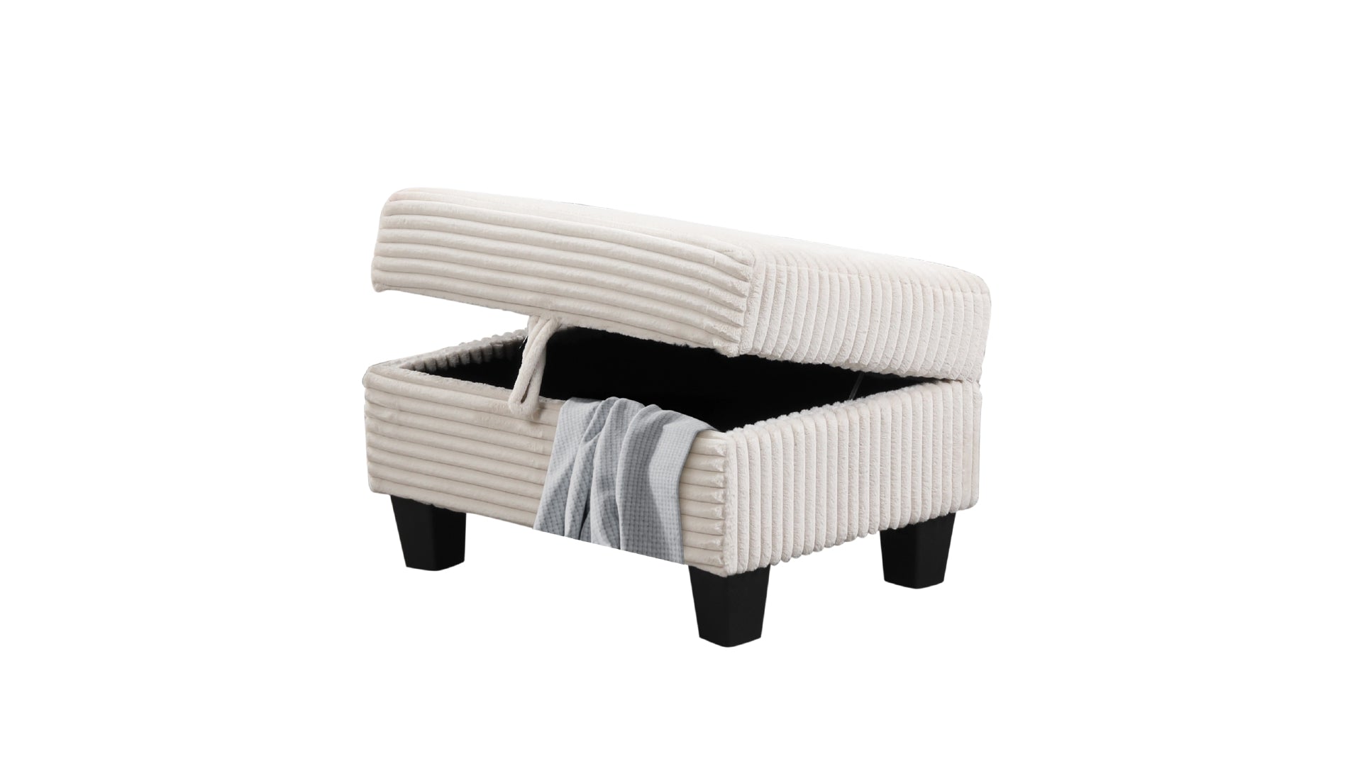 Cream corduroy storage ottoman with open lid and grey throw modern home decor