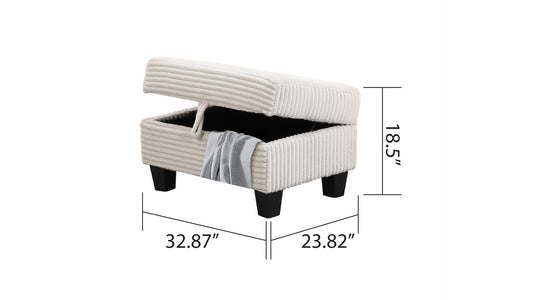 Cream corduroy storage ottoman with black legs and open lid revealing grey throw blanket