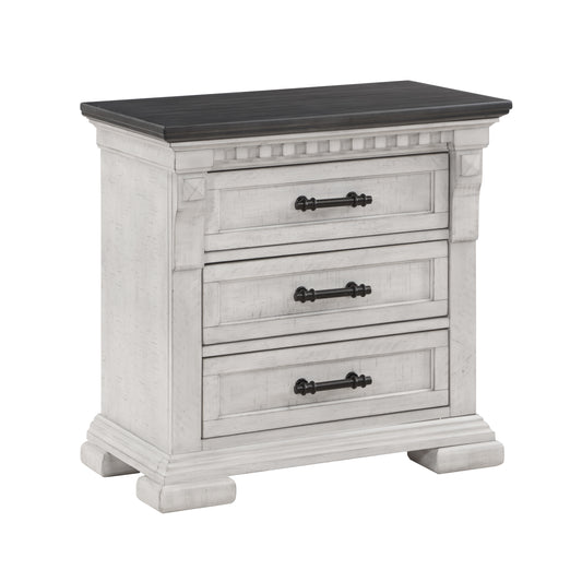 Distressed white bedside table with dark wood top and three drawers