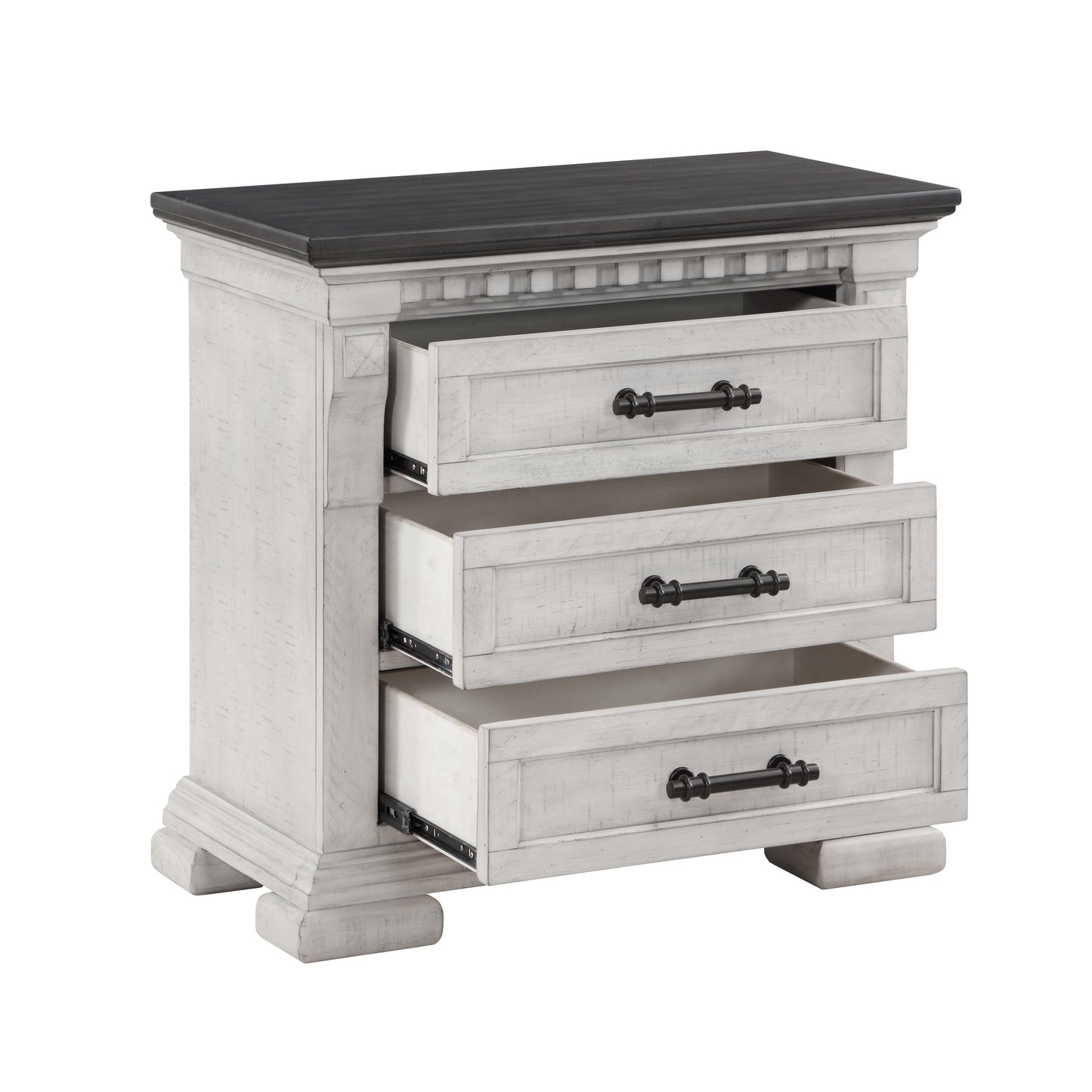 White washed wood nightstand with three drawers and dark metal hardware