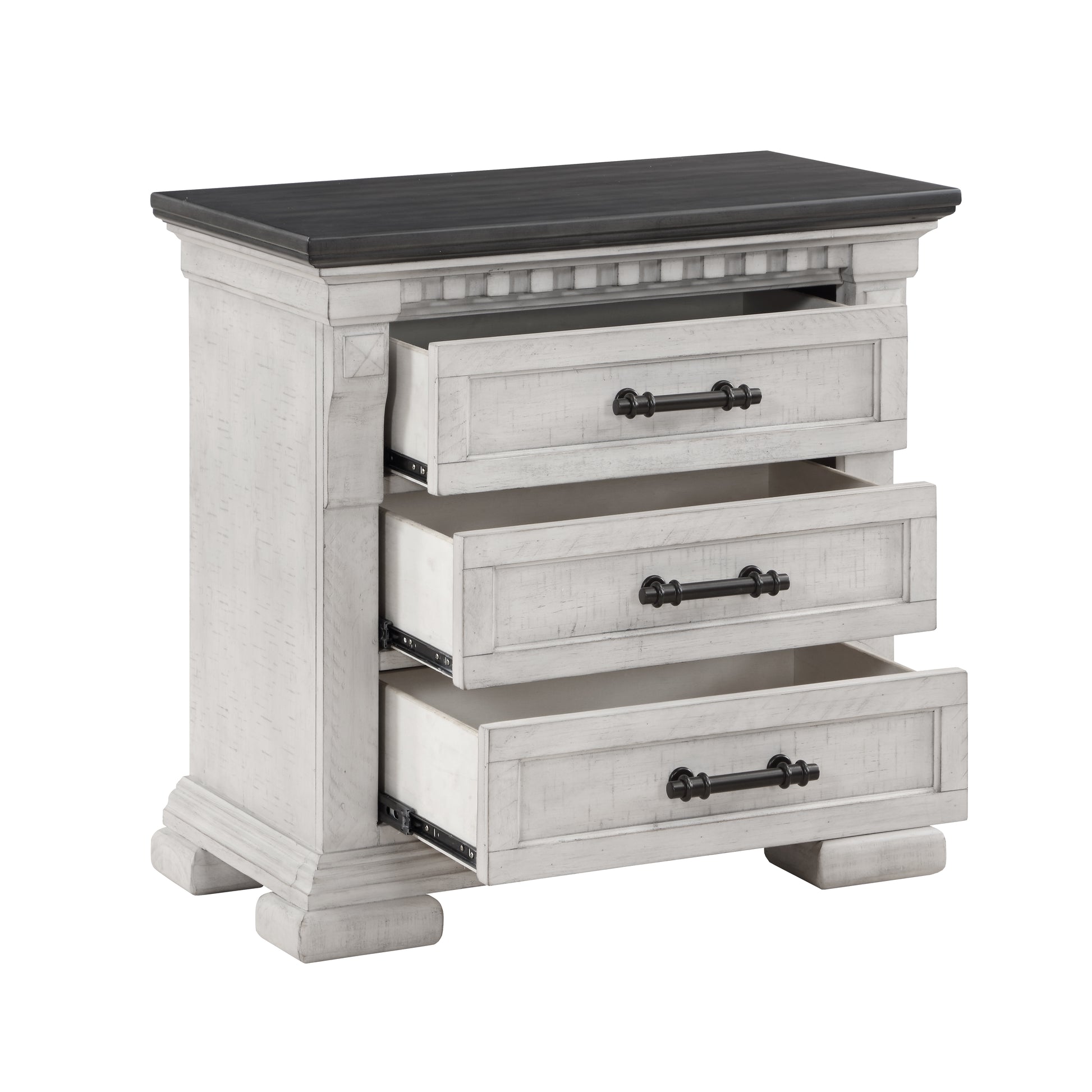 White washed wood nightstand with three drawers and dark metal hardware