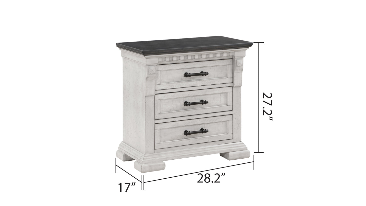 Rustic white farmhouse nightstand with three drawers and dark hardware