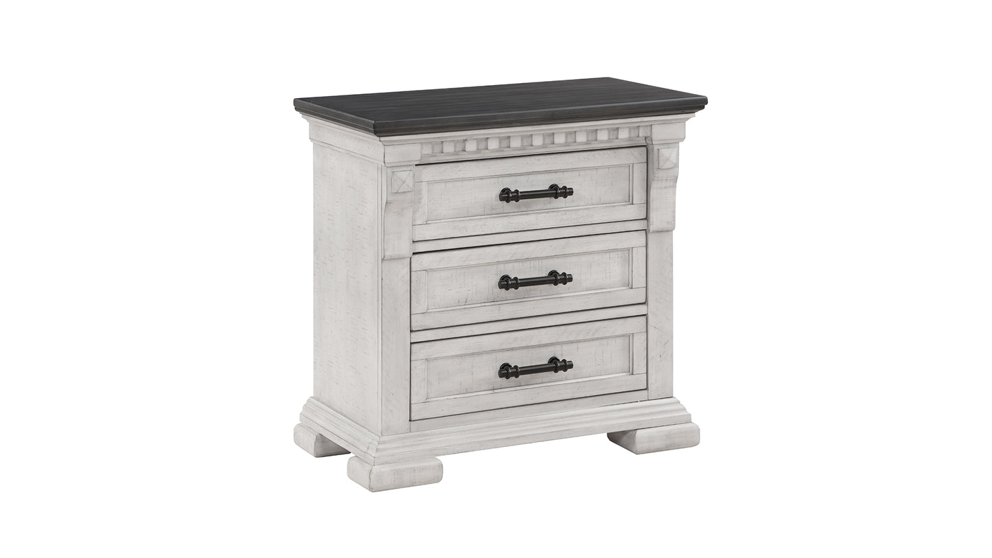 Antique white bedside table with dark wood top and three drawers