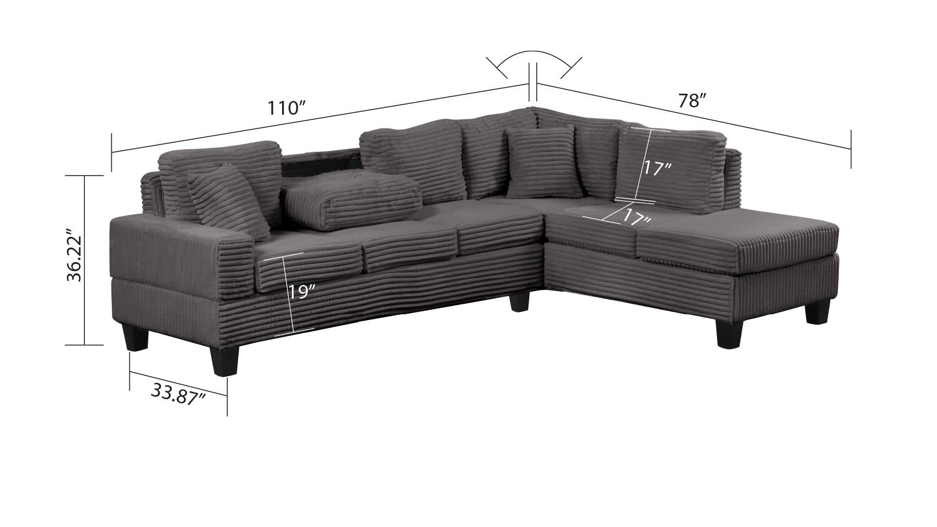 Dark gray corduroy sectional sofa with plush throw pillows featuring chaise lounge and detailed dimensions