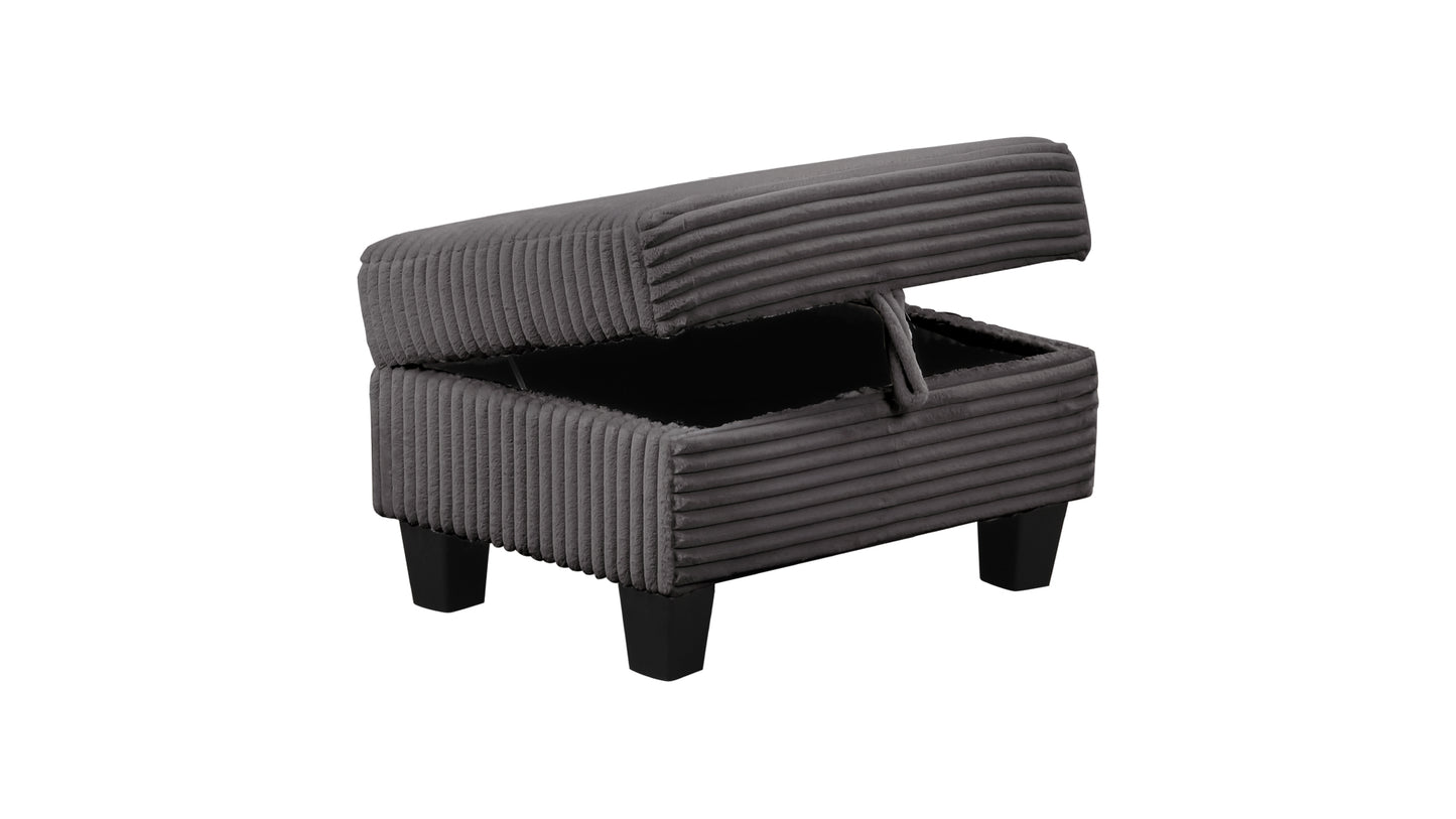 Dark grey corduroy storage ottoman with open lid and black wooden legs