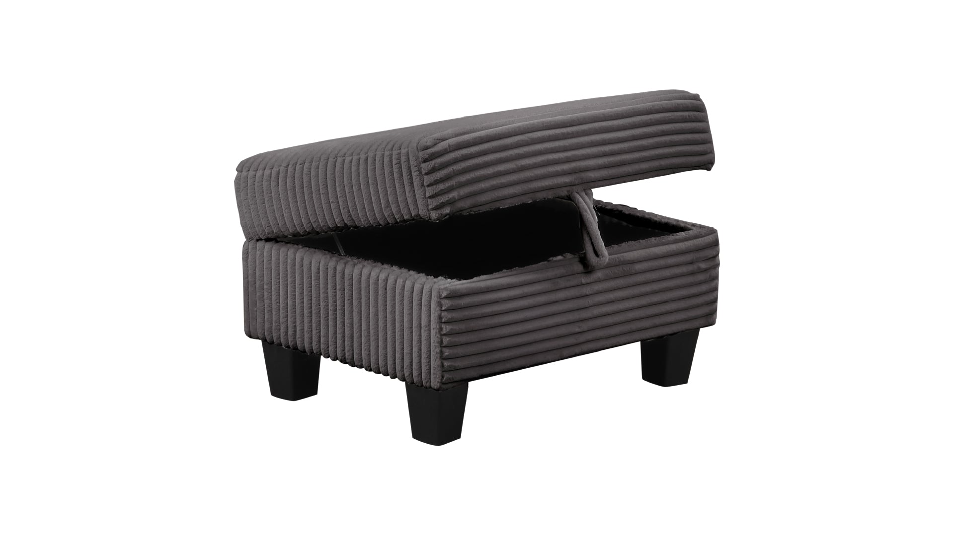 Dark grey corduroy storage ottoman with open lid and black wooden legs