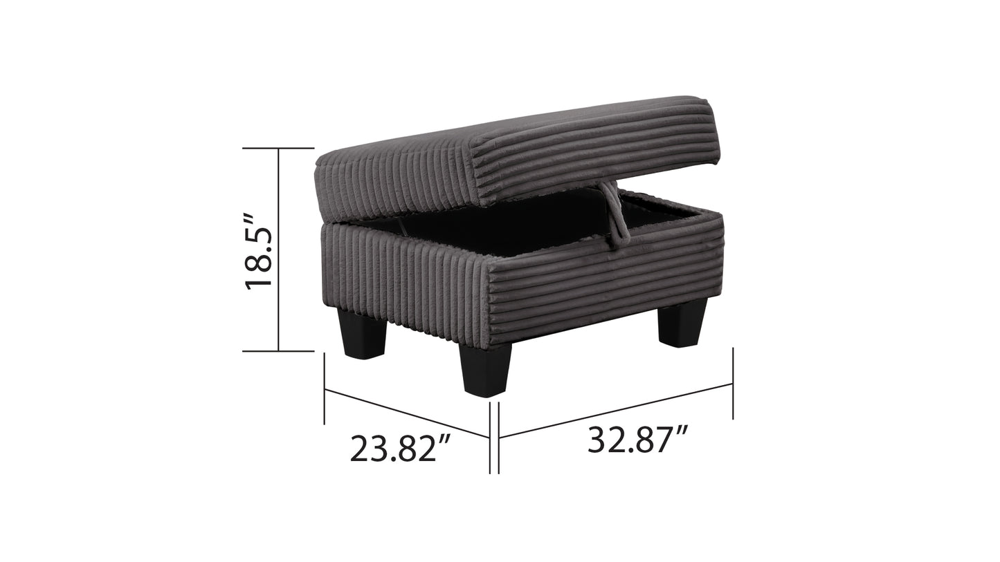 Gray corduroy storage ottoman with open lid showing ample storage space and dimensions
