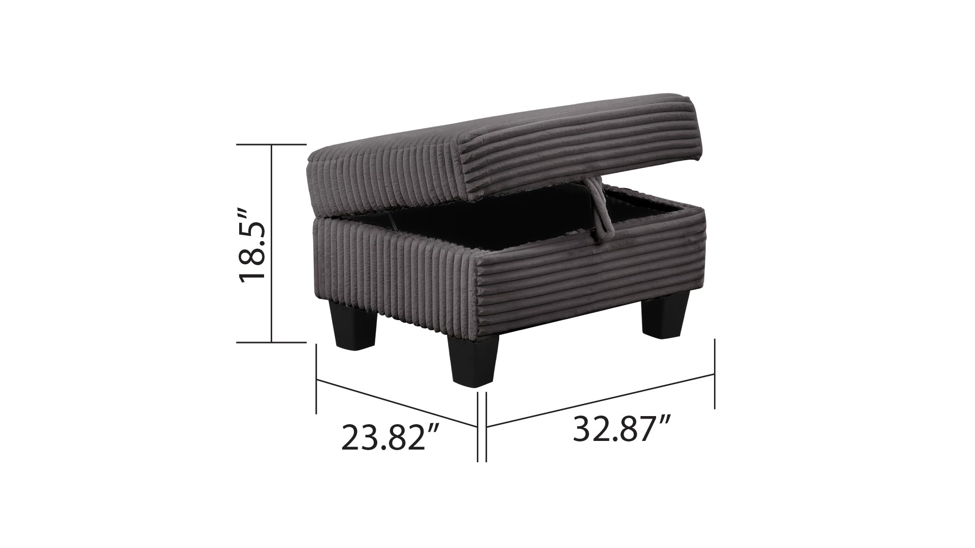 Gray corduroy storage ottoman with open lid showing ample storage space and dimensions