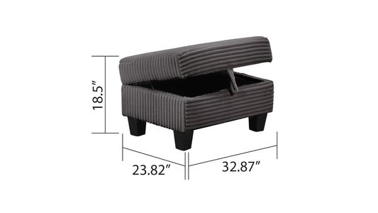 Gray corduroy storage ottoman with open lid showing ample storage space and dimensions
