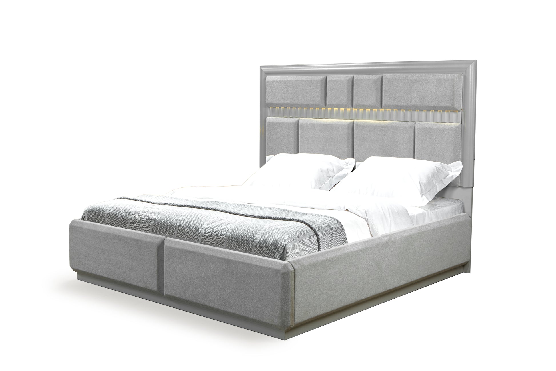 Modern gray upholstered platform bed with integrated LED lighting and a stylish headboard