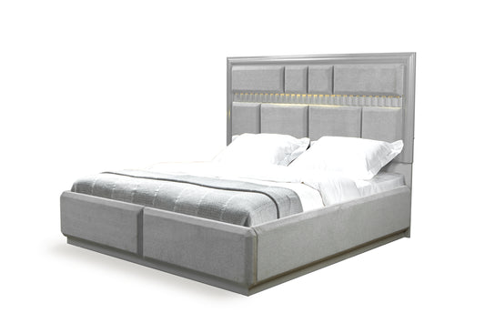 Modern gray upholstered platform bed with integrated LED lighting and a stylish headboard