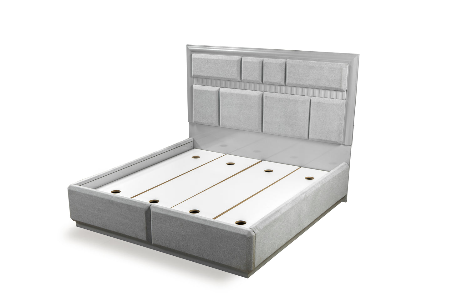 upholstered gray bed frame with a padded headboard modern design