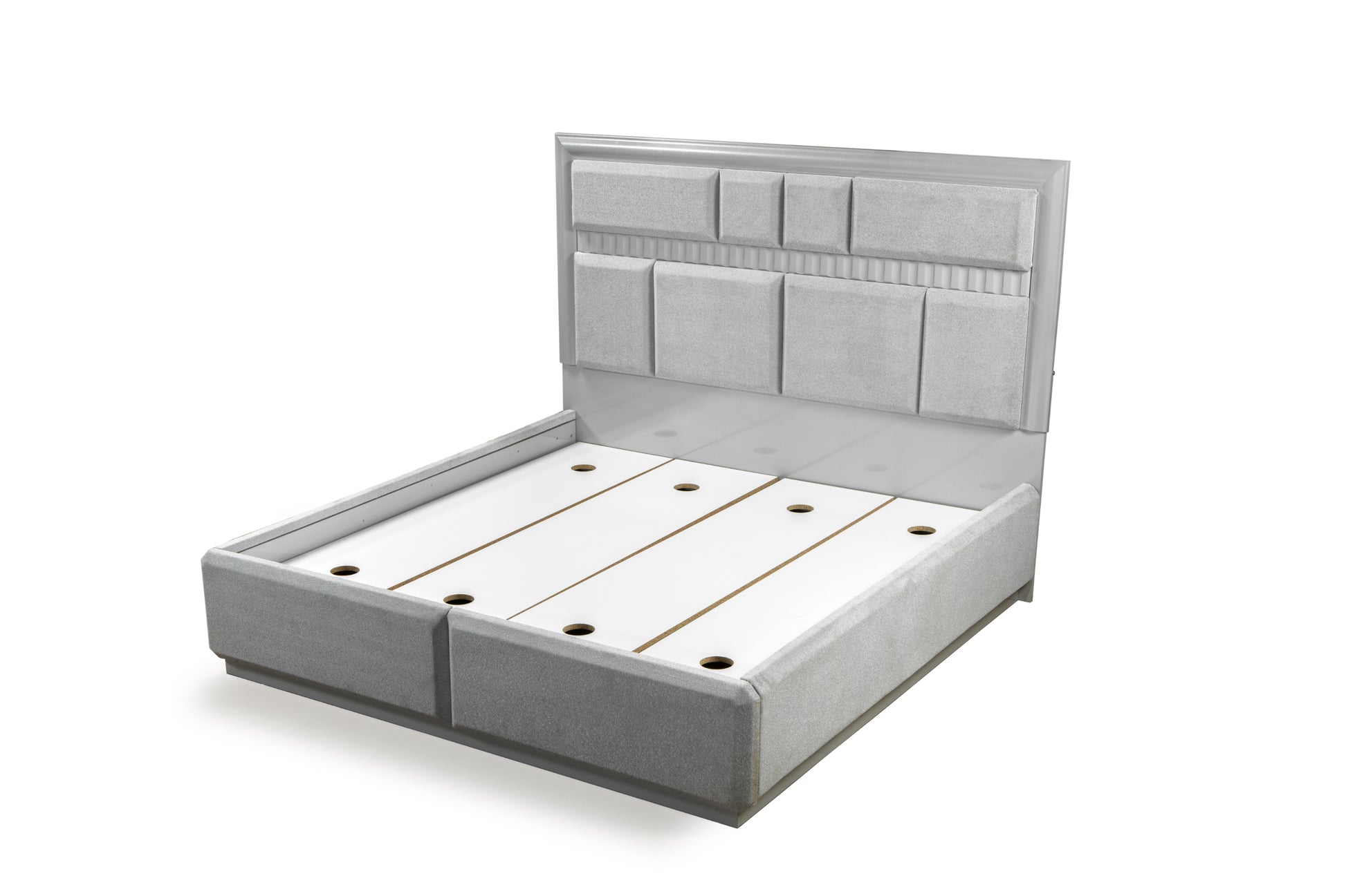upholstered gray bed frame with a padded headboard modern design