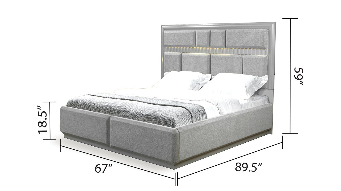 Gray upholstered queen bed with integrated LED lighting and paneled headboard