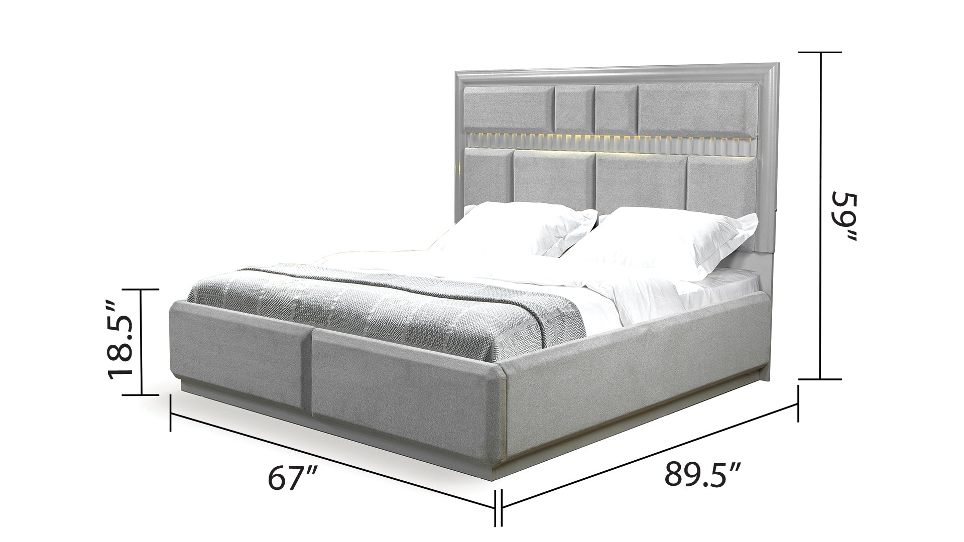 Gray upholstered queen bed with integrated LED lighting and paneled headboard