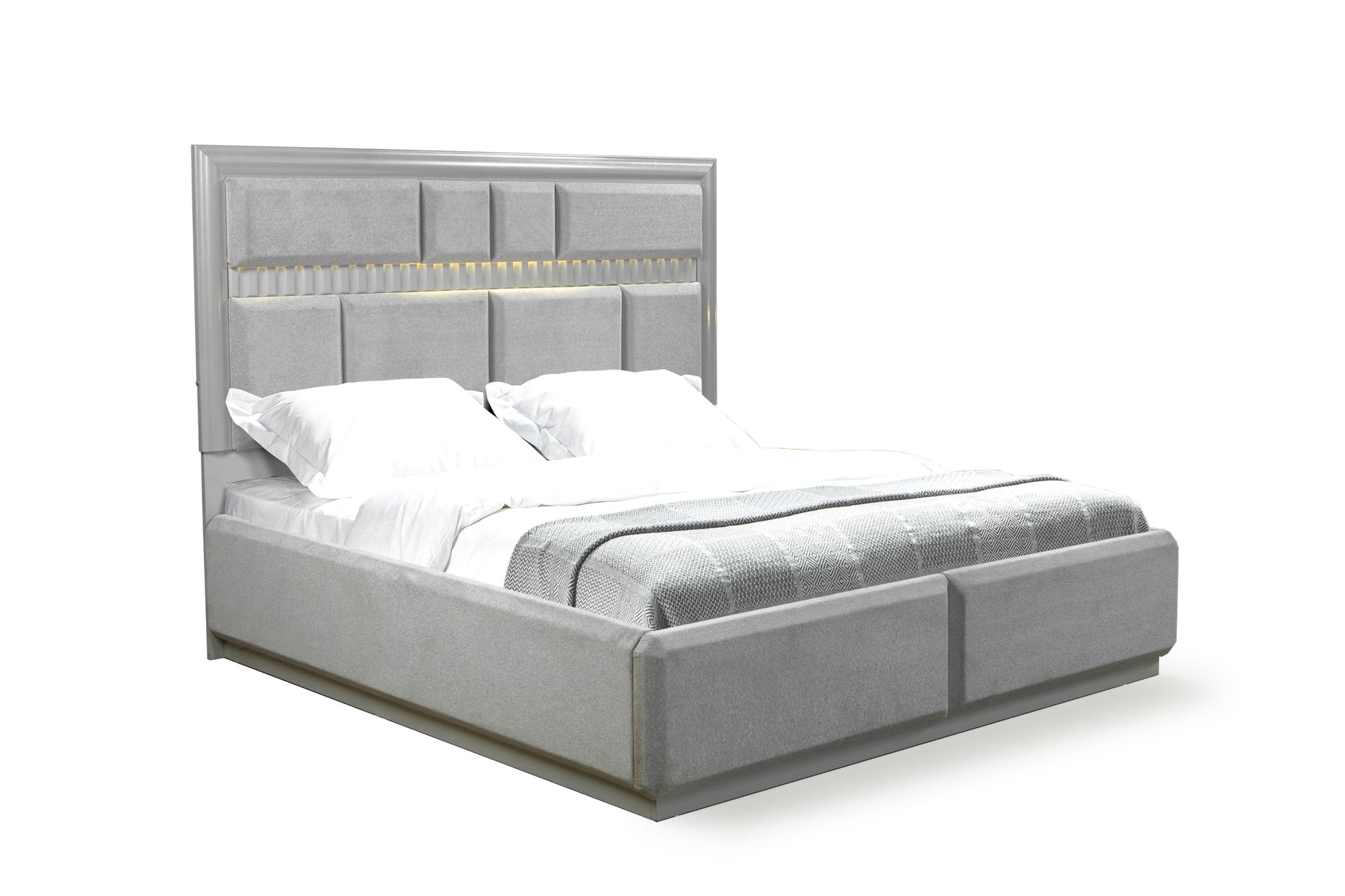 Gray upholstered queen bed with builtin LED lighting and tufted headboard