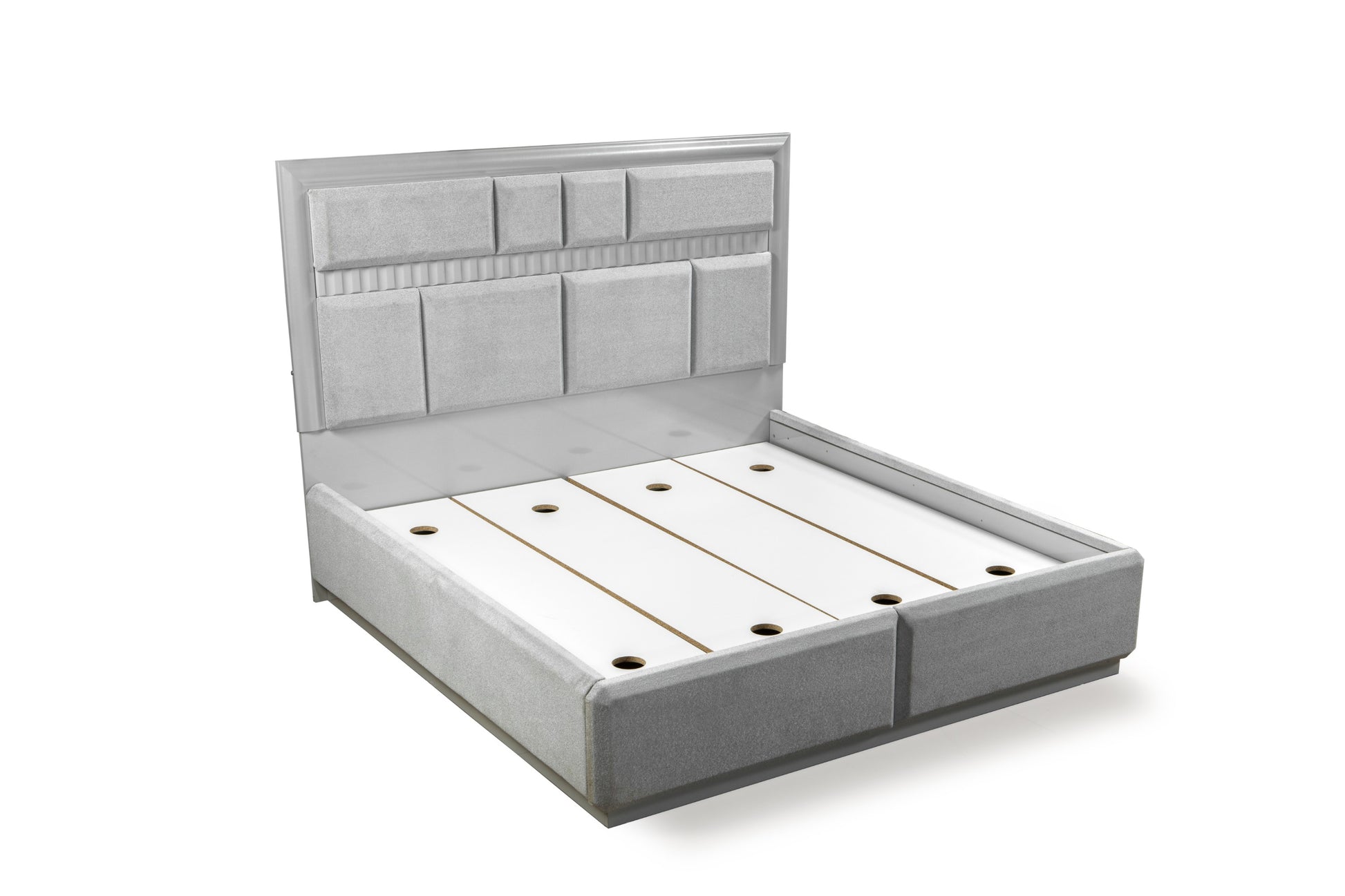Modern grey fabric bed frame with upholstered tufted headboard and slatted base