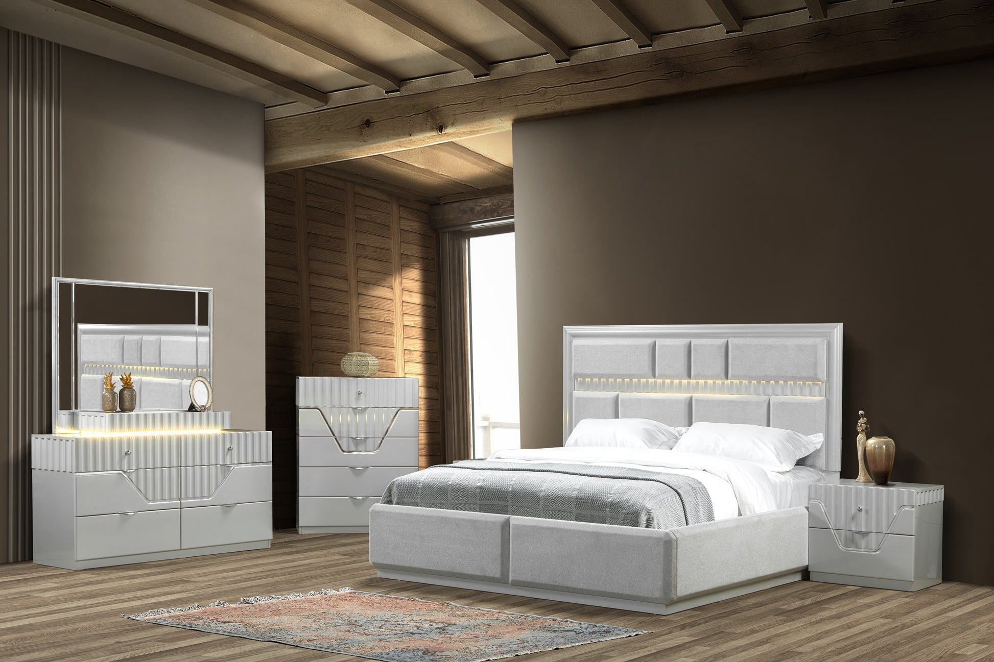 Modern white upholstered bed frame with builtin LED lights a key bedroom furniture piece