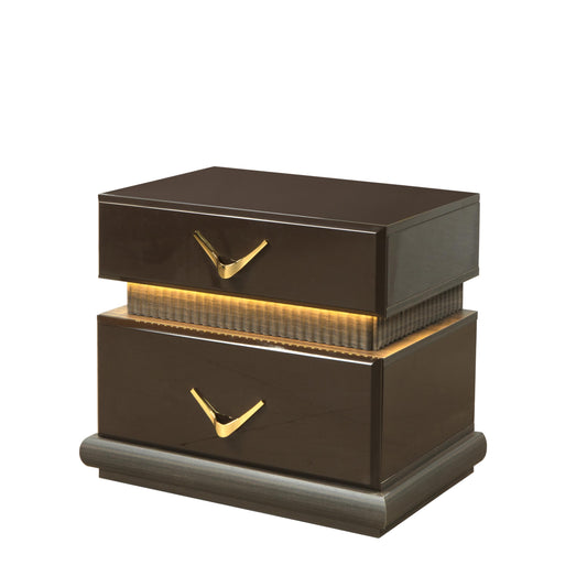 Modern dark brown nightstand with gold Vshaped handles and LED lighting