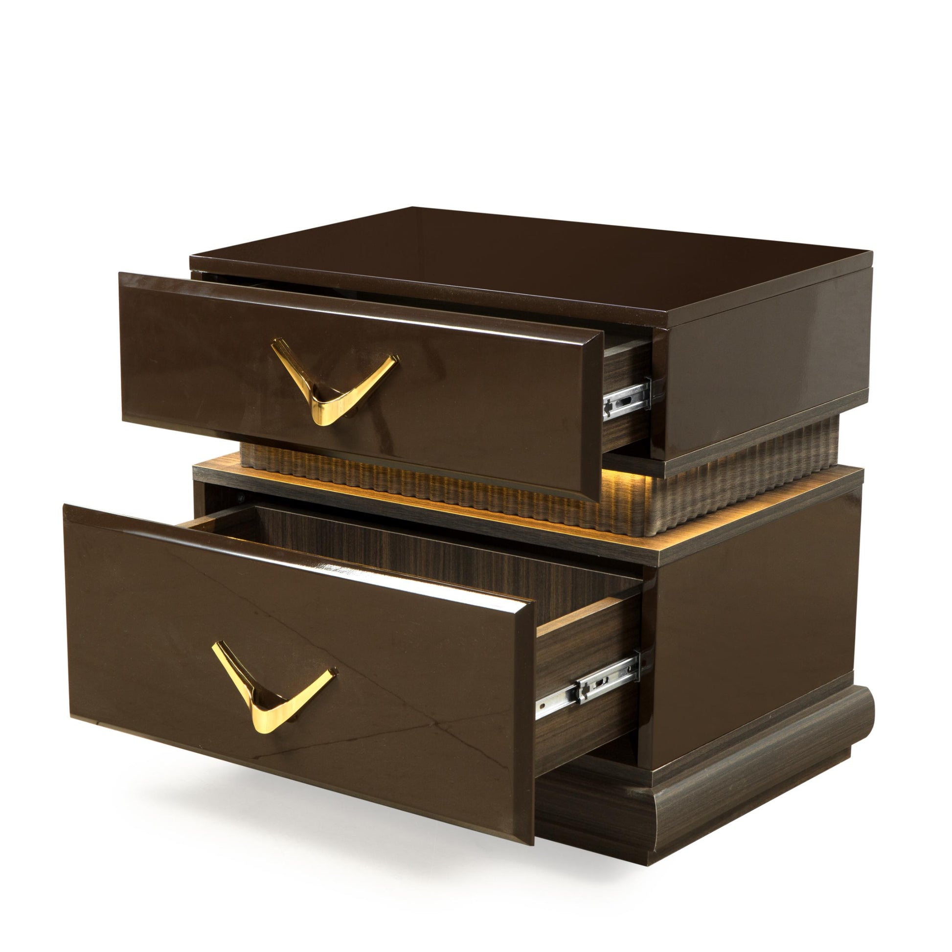 Dark brown highgloss bedside table with goldtoned hardware and two drawers
