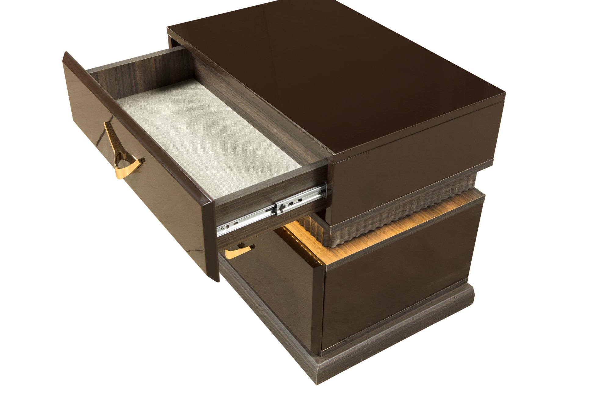 Dark brown highgloss nightstand with gold hardware one drawer open