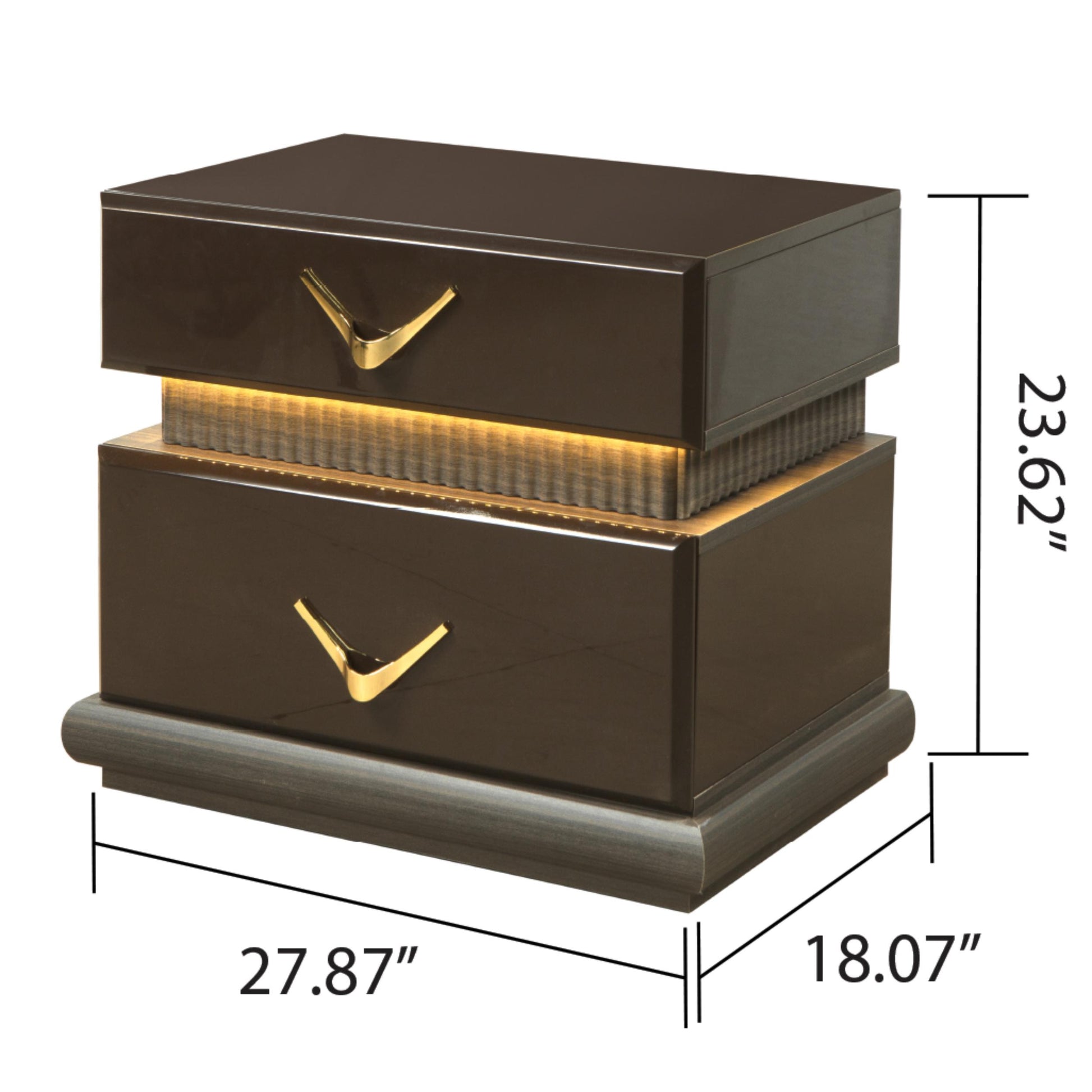 Dark brown modern nightstand with two drawers and gold accents
