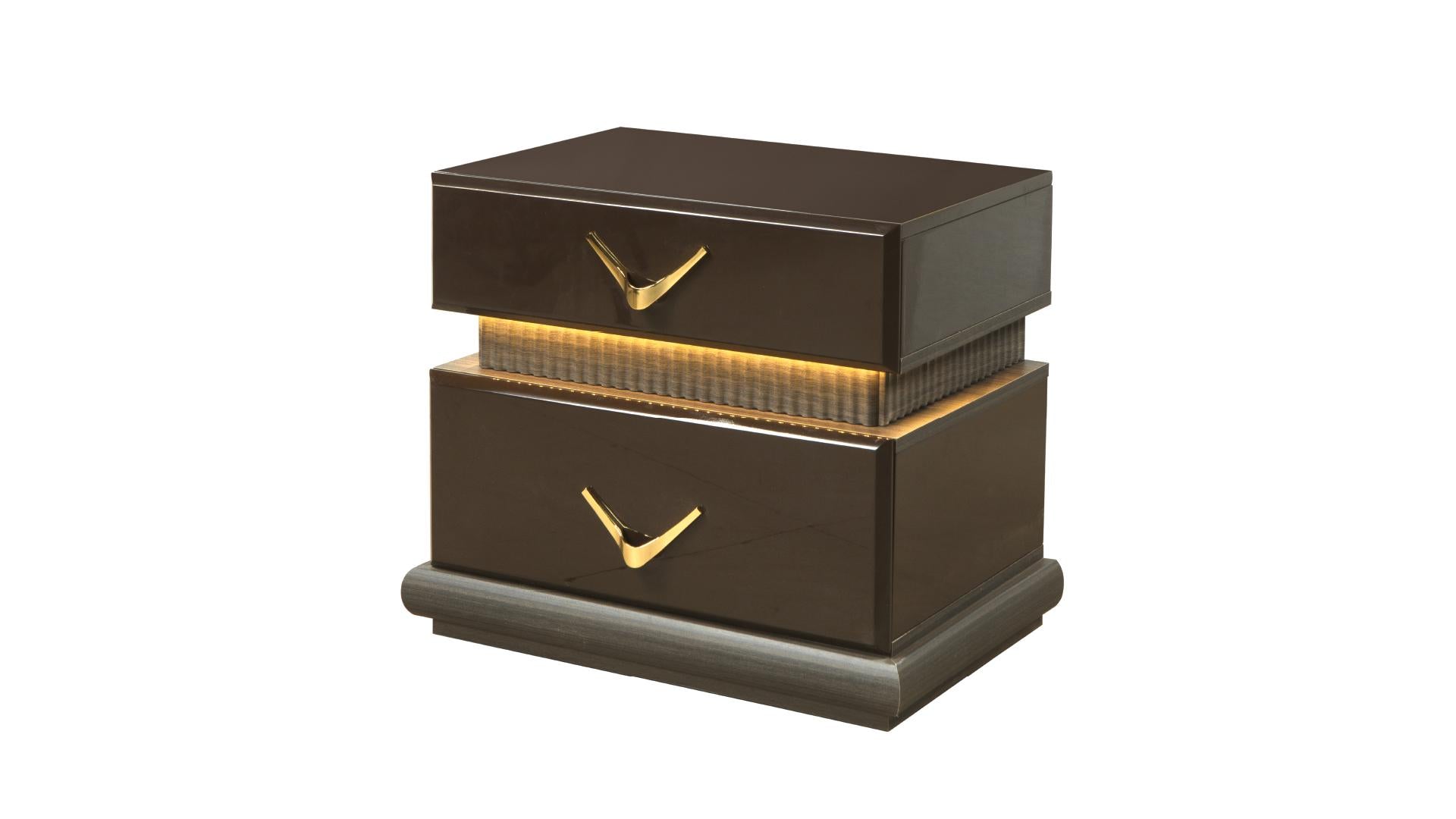 Modern dark brown bedside table with gold hardware and integrated LED lighting