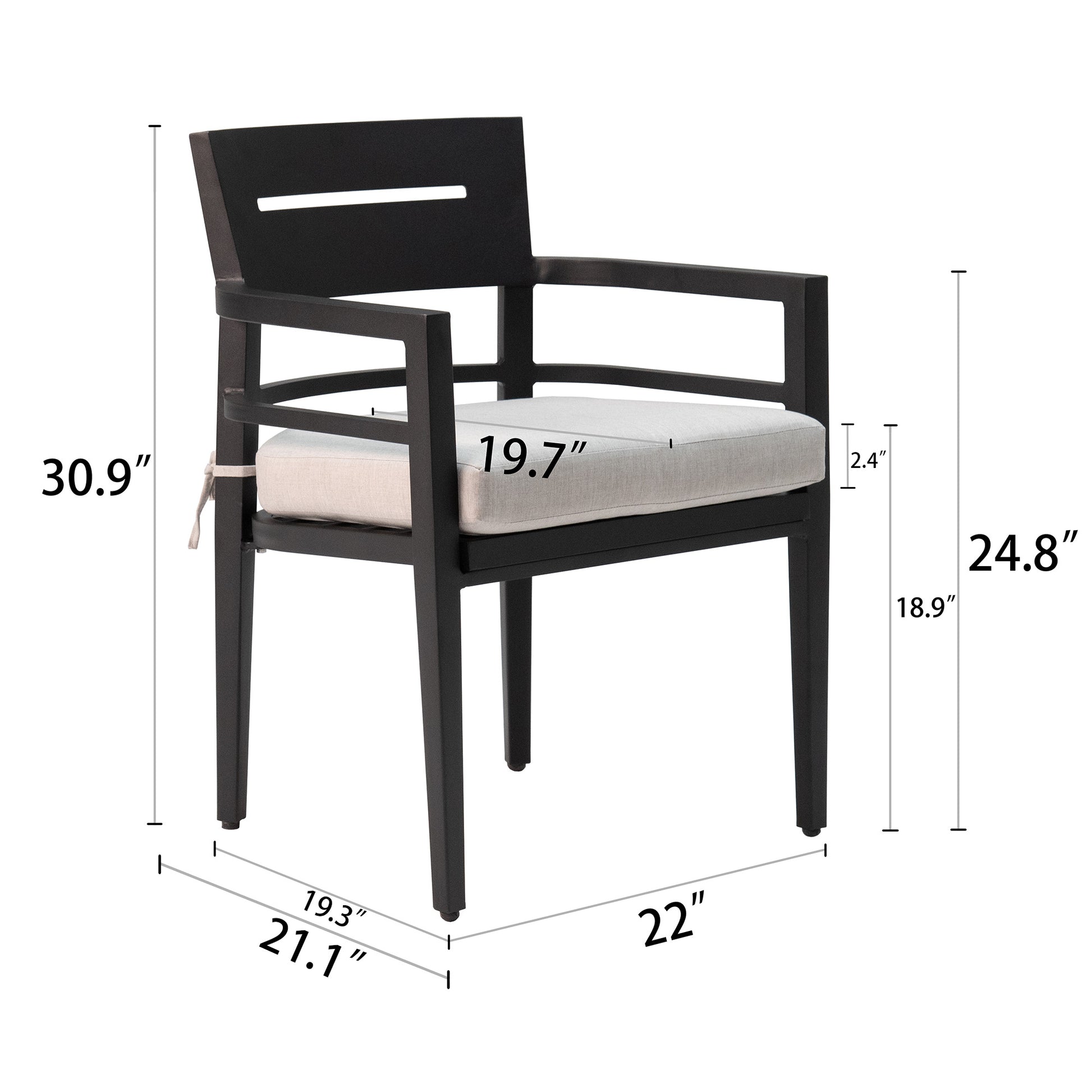 Black metal patio chair with light grey cushion and armrests modern design