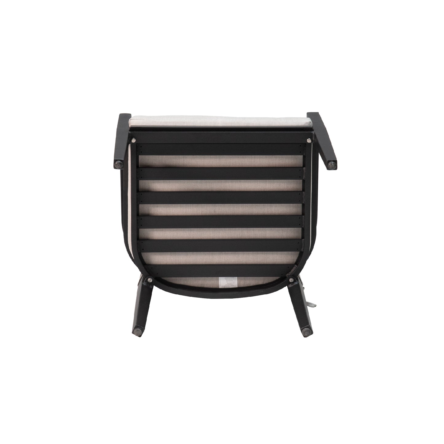 Black metal outdoor chair with light beige fabric seat and slatted base