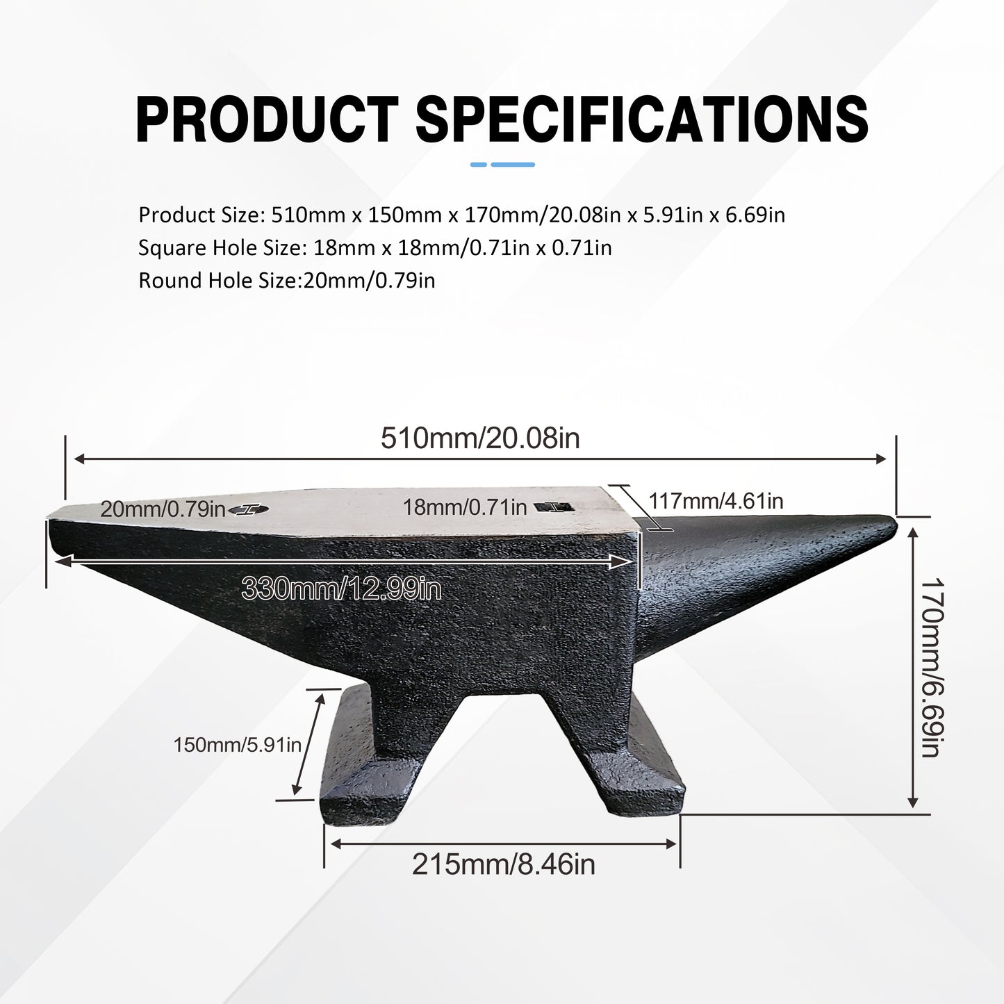Heavyduty cast iron anvil with flat top horn and square hole for blacksmithing