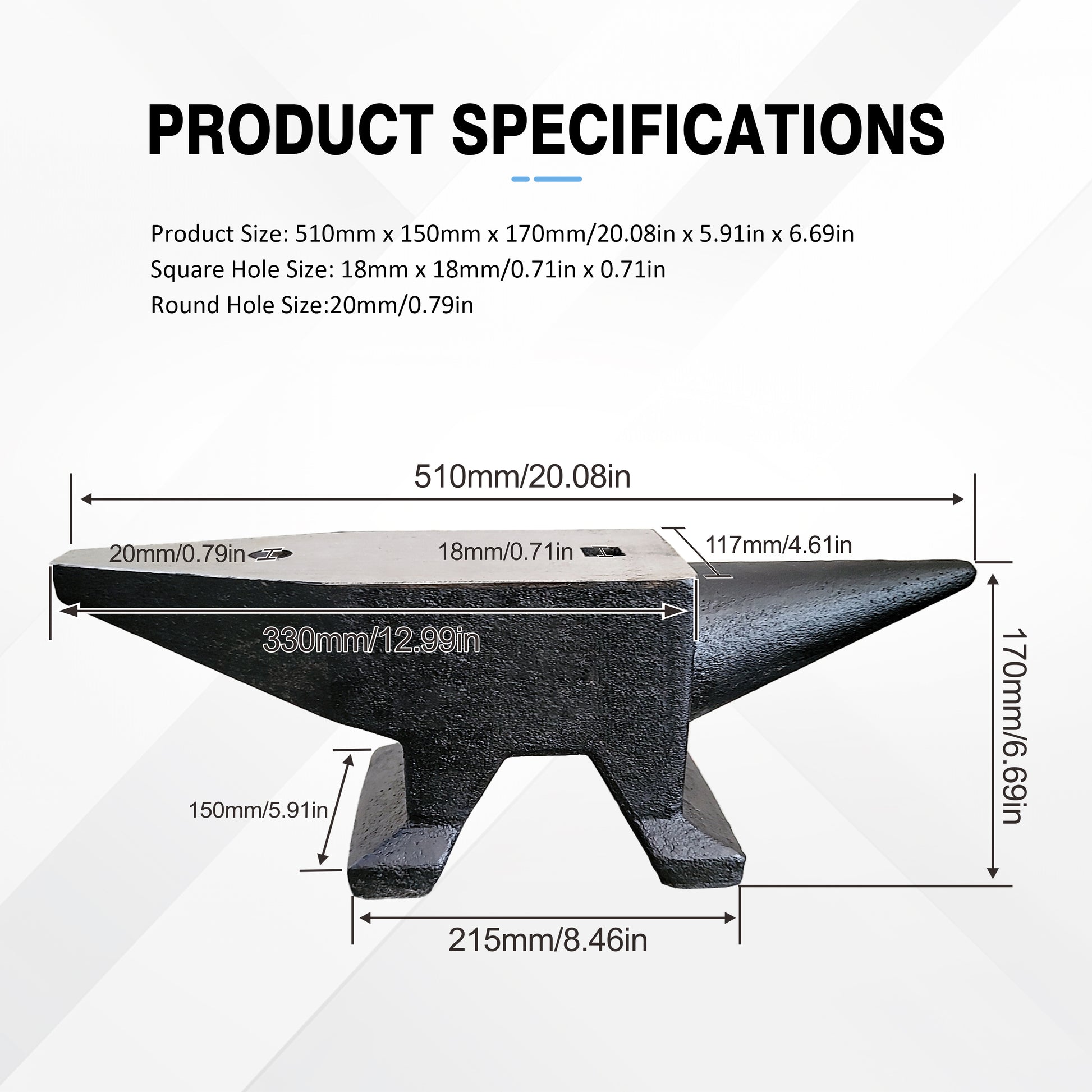 Heavyduty cast iron anvil with flat top horn and square hole for blacksmithing