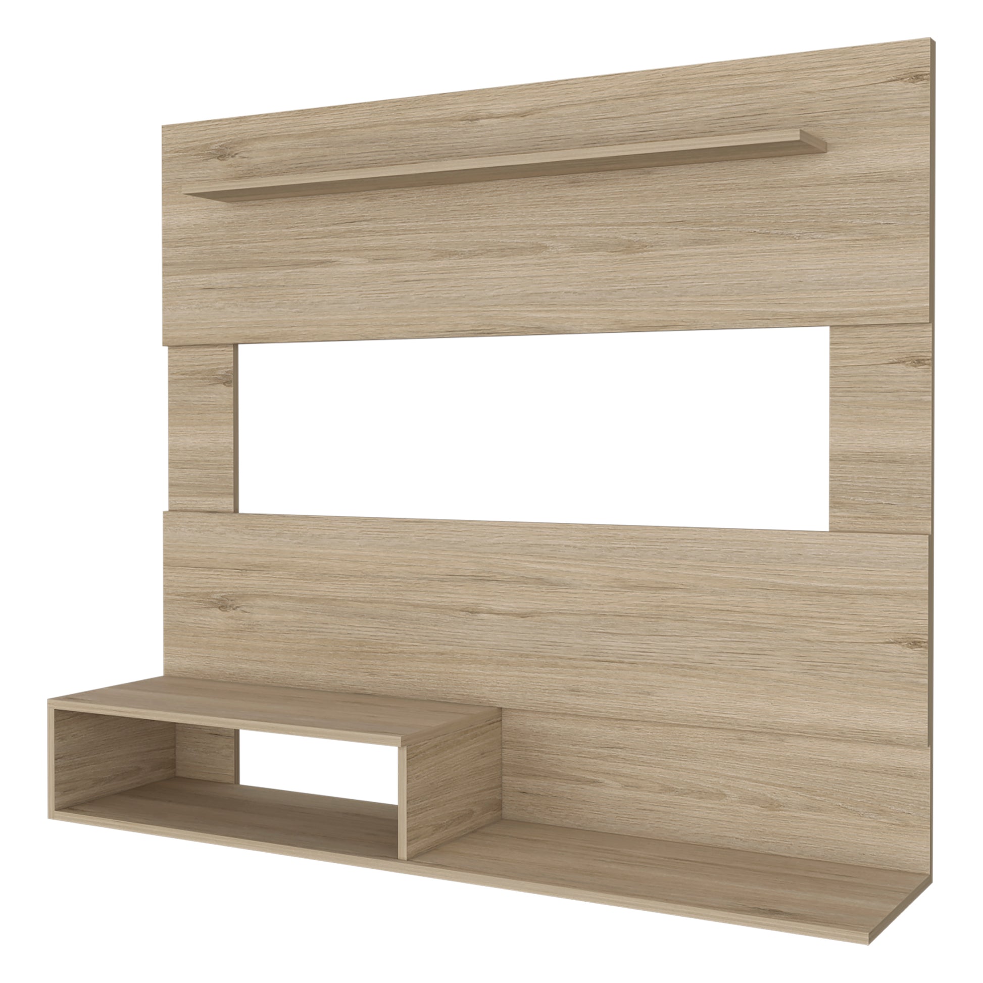 Light oak wood effect TV stand with open shelves and a central recess for media devices