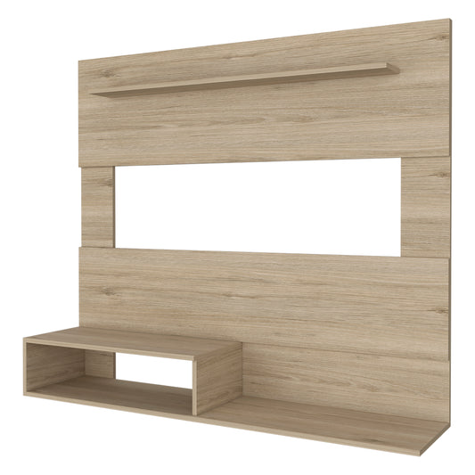 Light oak wood effect TV stand with open shelves and a central recess for media devices