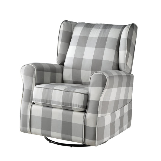 Gray and white buffalo check upholstered glider chair with padded arms and wings