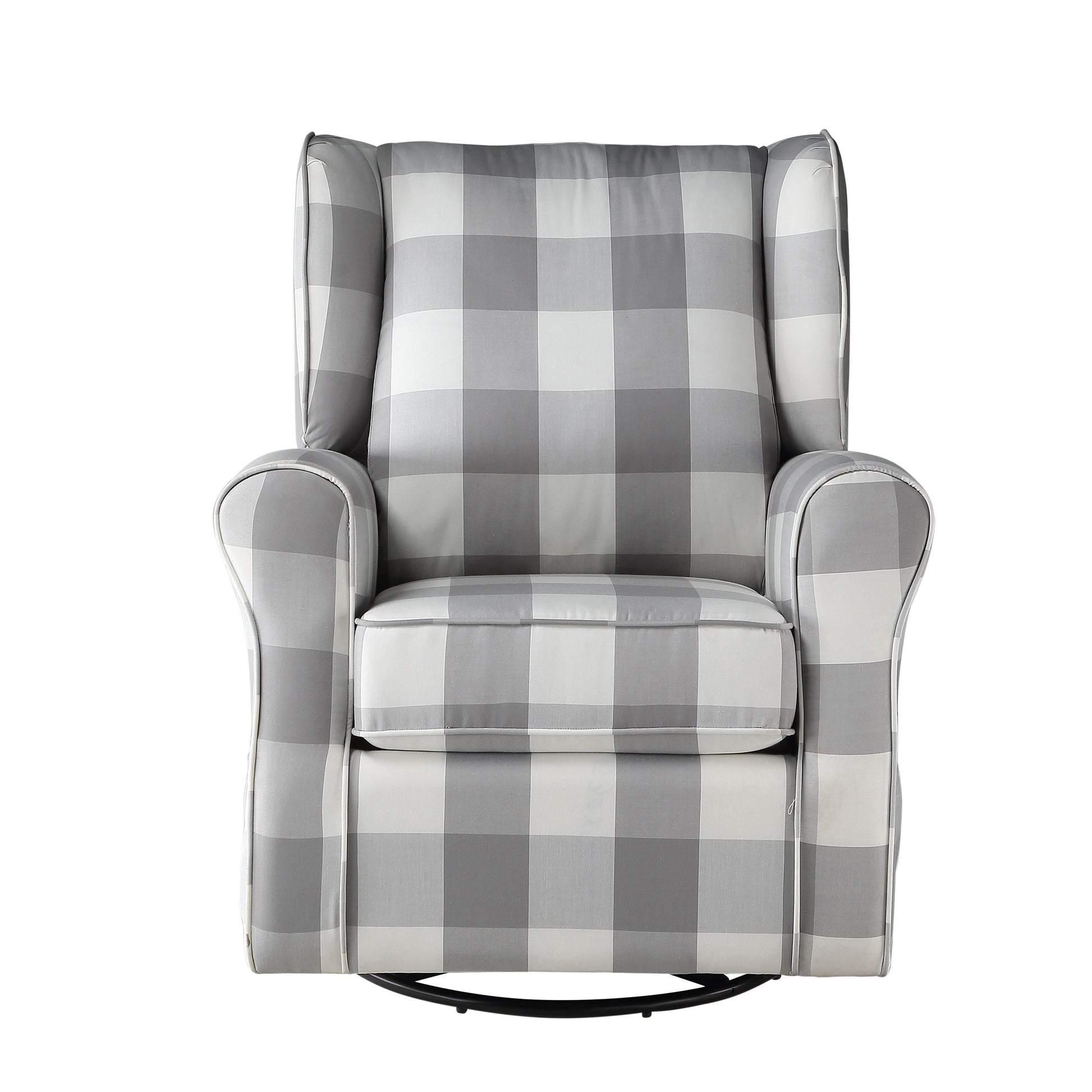 Gray buffalo check glider chair with padded seat and arms