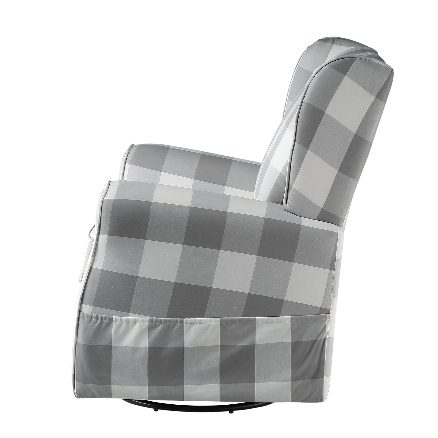 Gray buffalo check glider chair with side pocket and swivel base