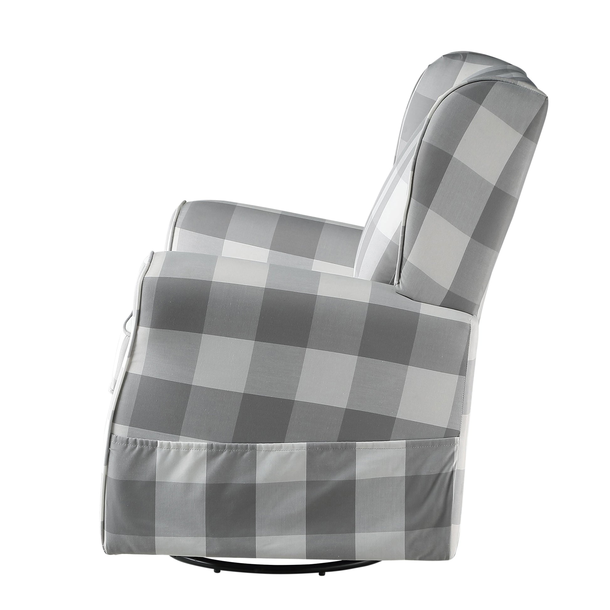 Gray buffalo check glider chair with side pocket and swivel base