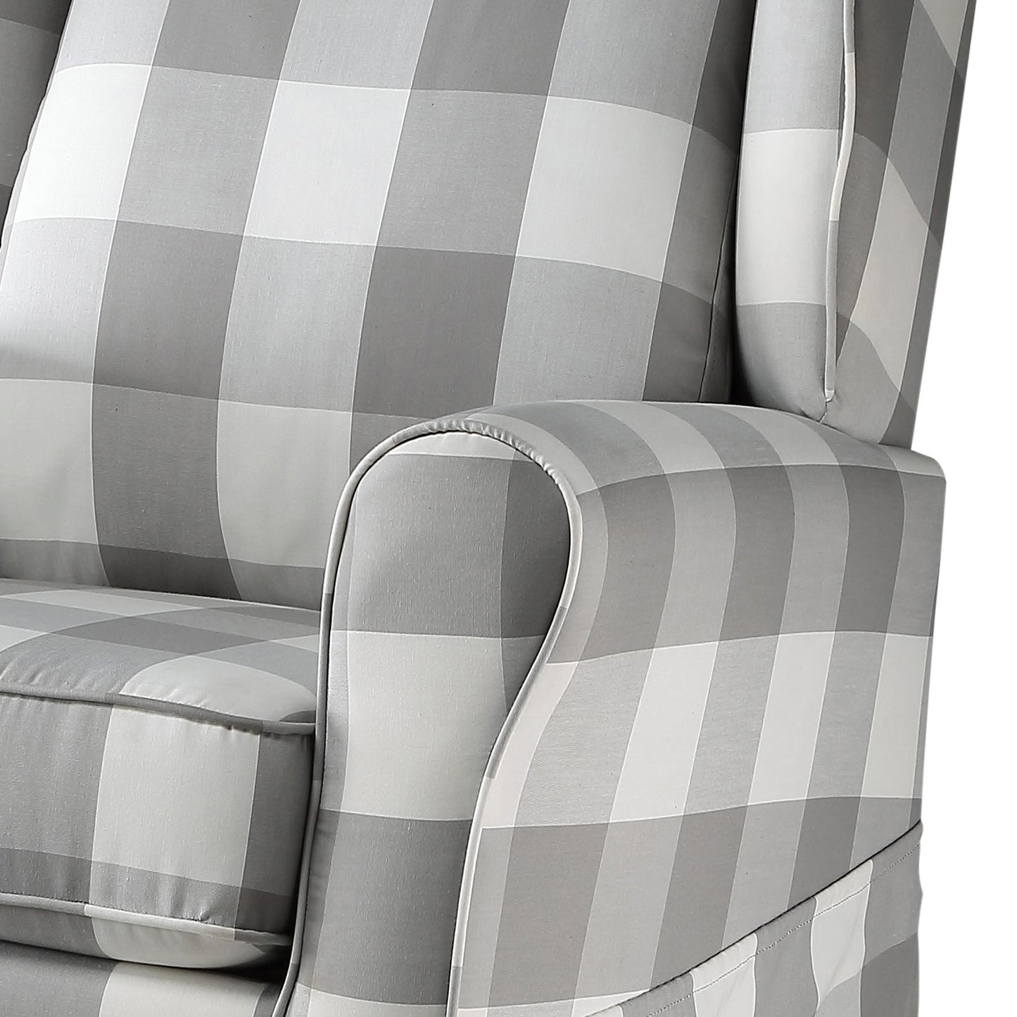 Comfortable armchair upholstered in grey and white buffalo check fabric