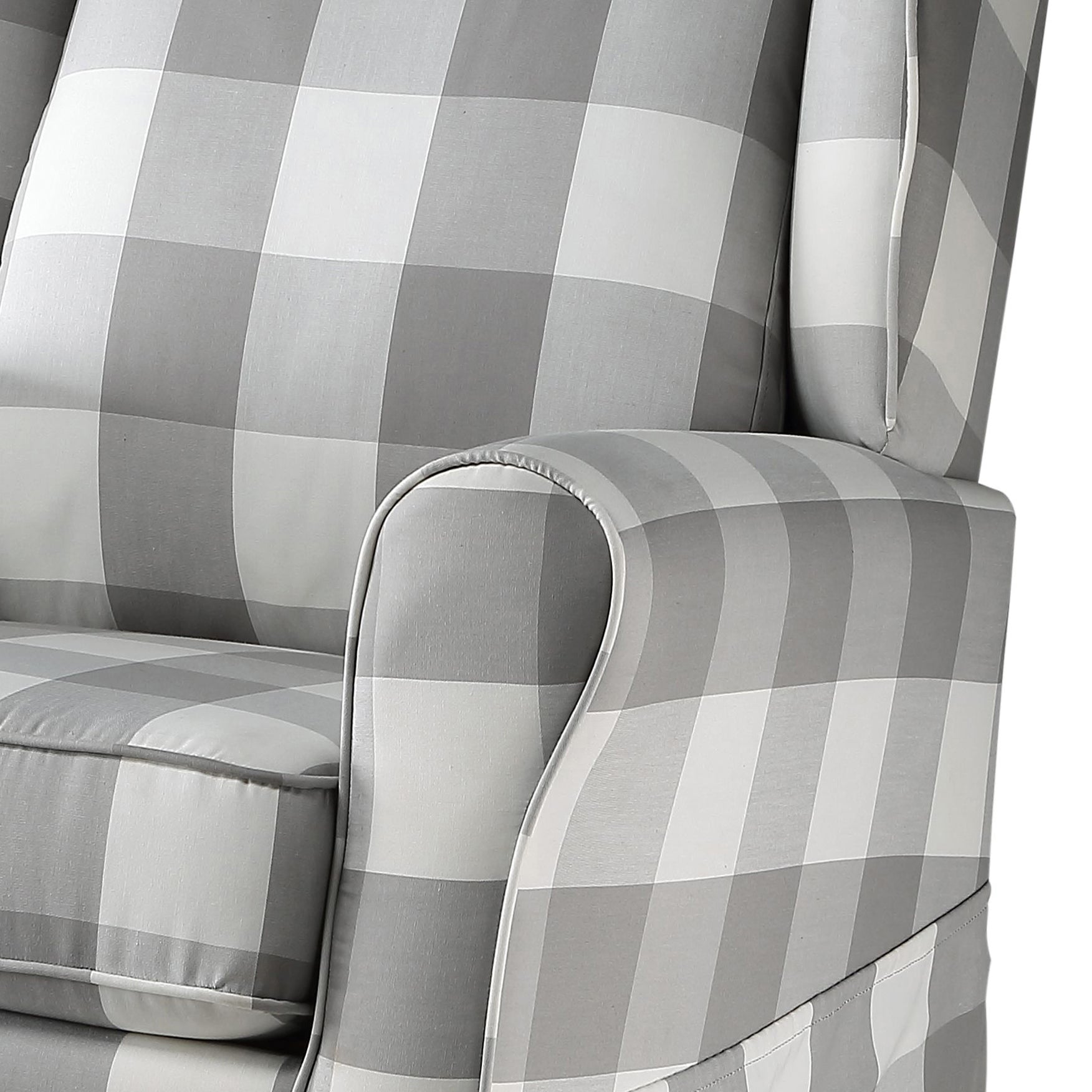 Comfortable armchair upholstered in grey and white buffalo check fabric