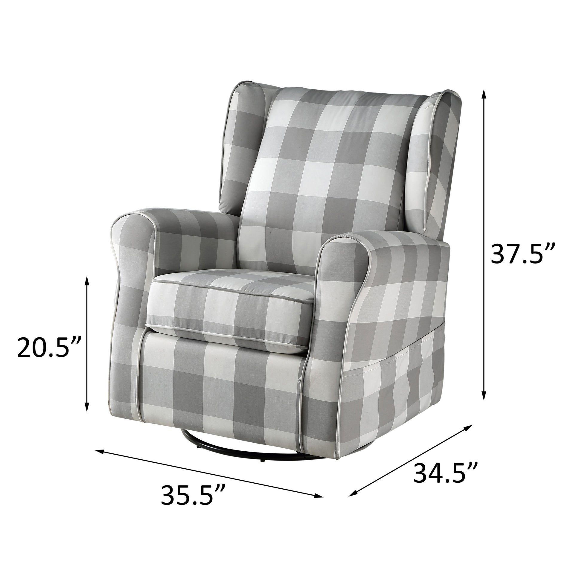 Gray buffalo check swivel glider recliner chair with padded arms