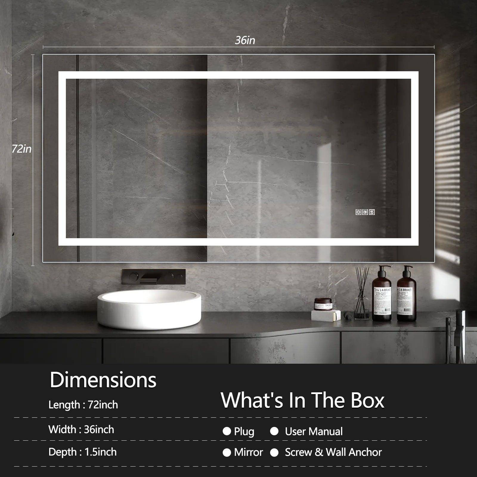 Illuminated inch bathroom mirror with touch controls ideal for modern vanities