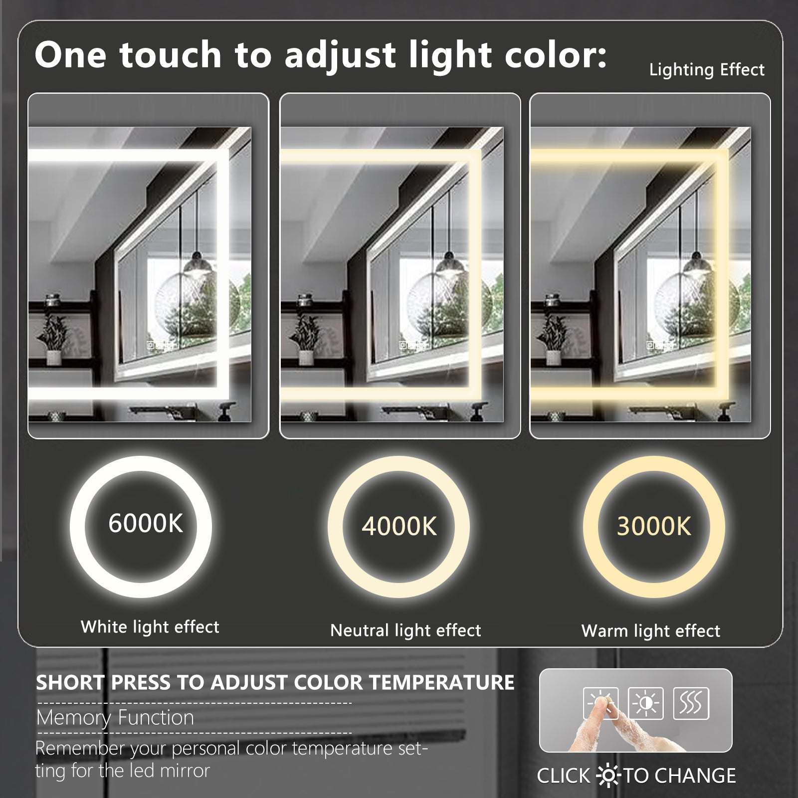 Rectangular vanity mirror with integrated LED lighting displaying cool white K light effect